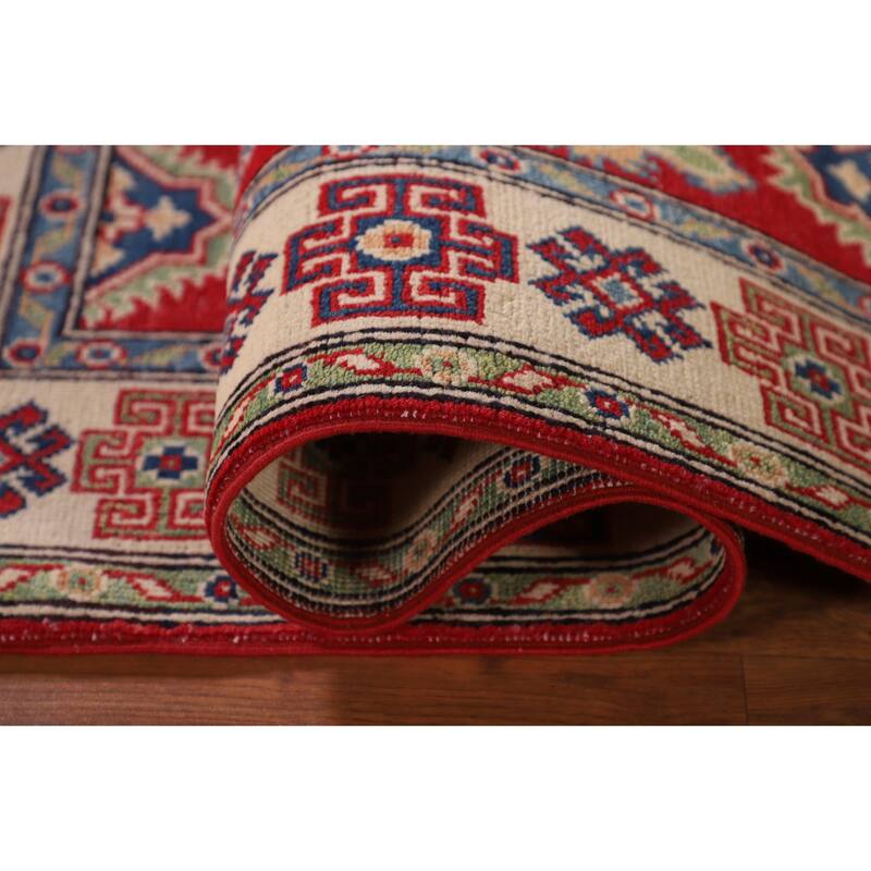 Geometric Kazak Oriental Accent Rug Handmade Red Wool Carpet - 3'3"x 5'0"