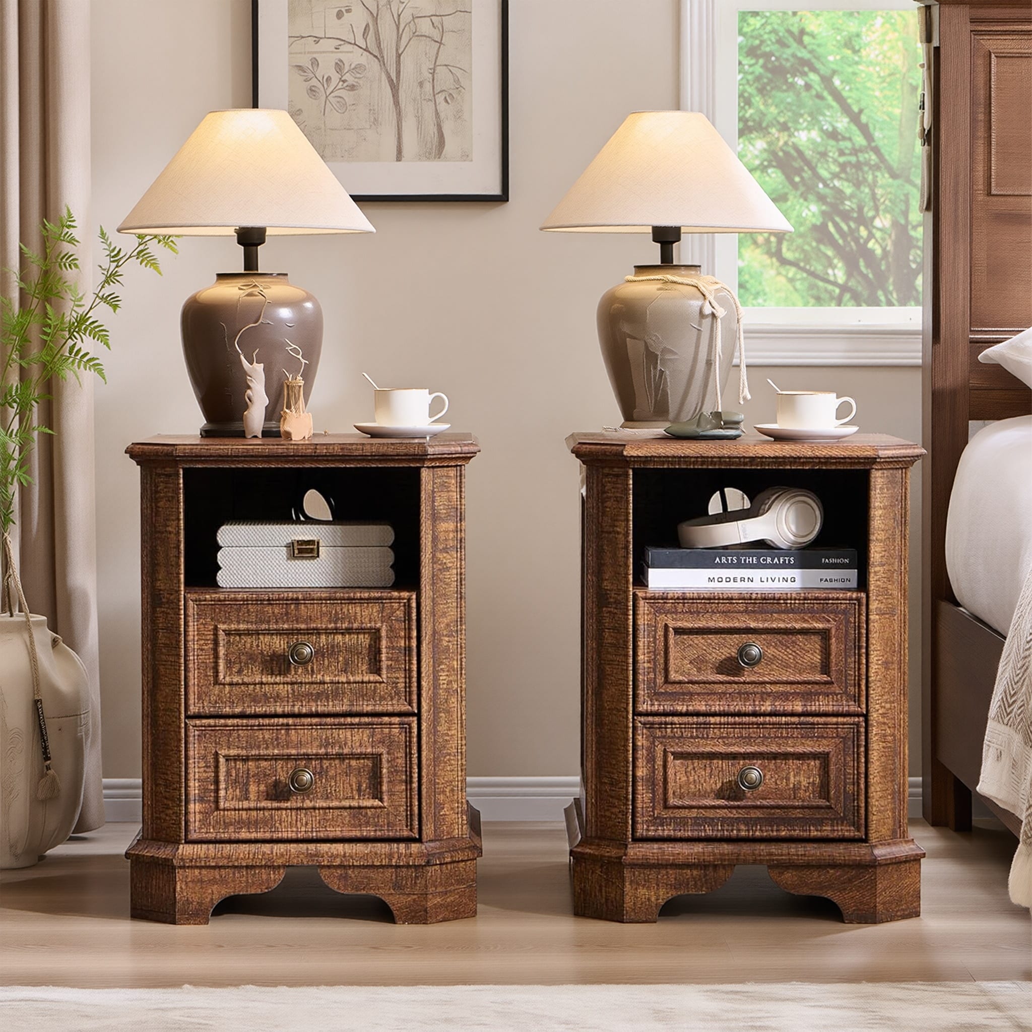 Farmhouse Nightstand Set of 2 with Charging Station, Bedside Table