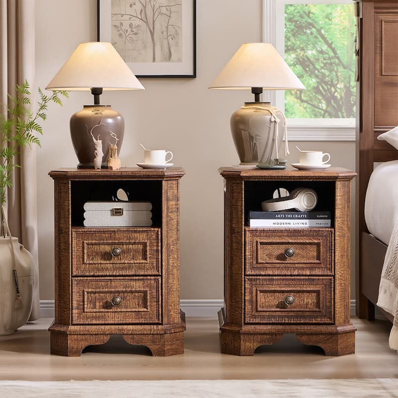 Farmhouse Nightstand Set of 2 with Charging Station, Beside Table - Brown