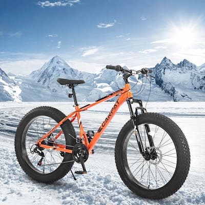 All Terrain Fat Tire Mountain Bike with 26 Inch High-Carbon Frame, Gearing, Dual Disc Brakes, Shock Absorption for Trail, Snow