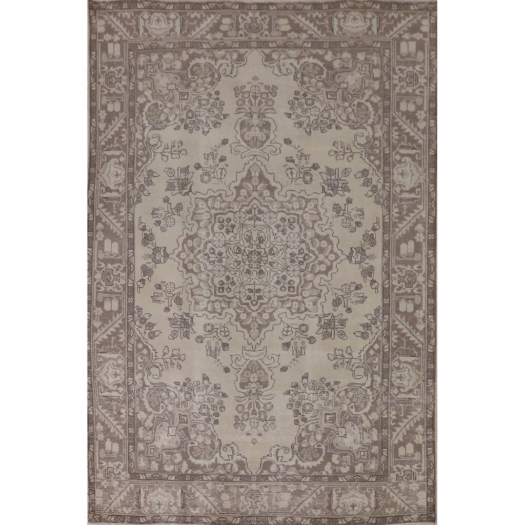 Distressed Tabriz Persian Vintage Area Rug Handmade Beige Wool Carpet - 6'7" x 9'6"