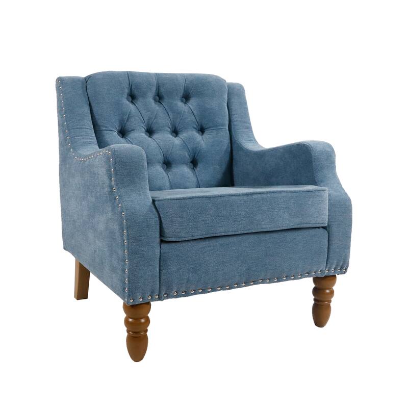 Linen Fabric Upholstered Accent Chair, Button Tufted Backrest Sofa Chair, Lounge Armchair with Rivet Decor & Solid Wood Legs