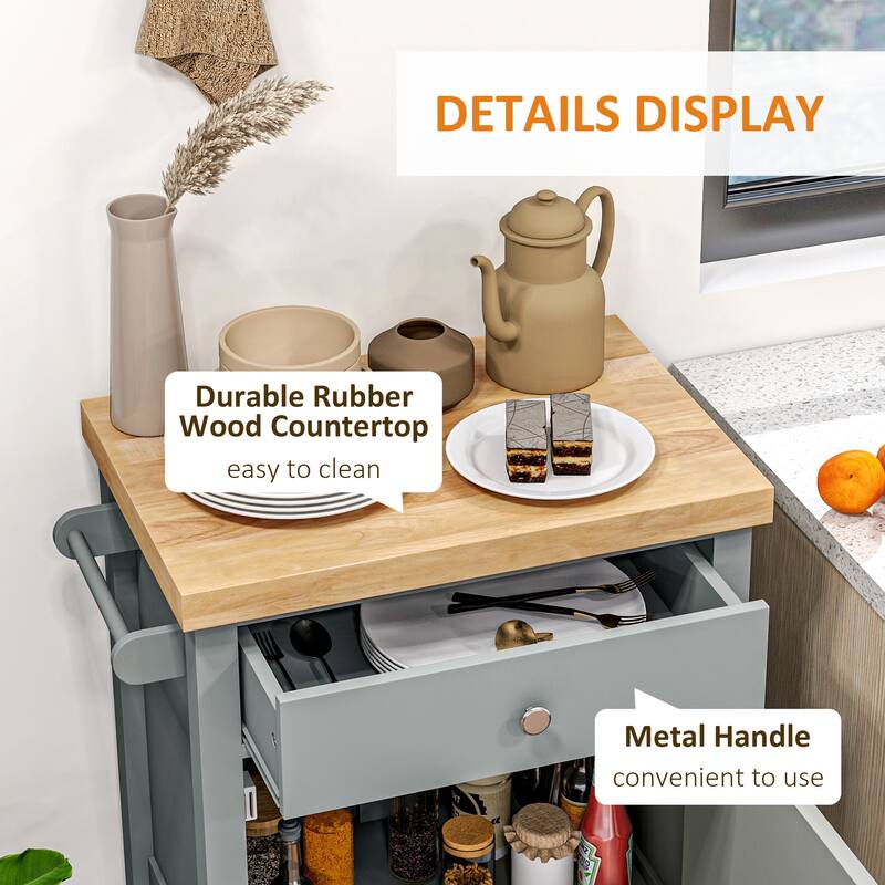 Rolling Kitchen Island with Smooth Rubberwood Top and Storage Drawer