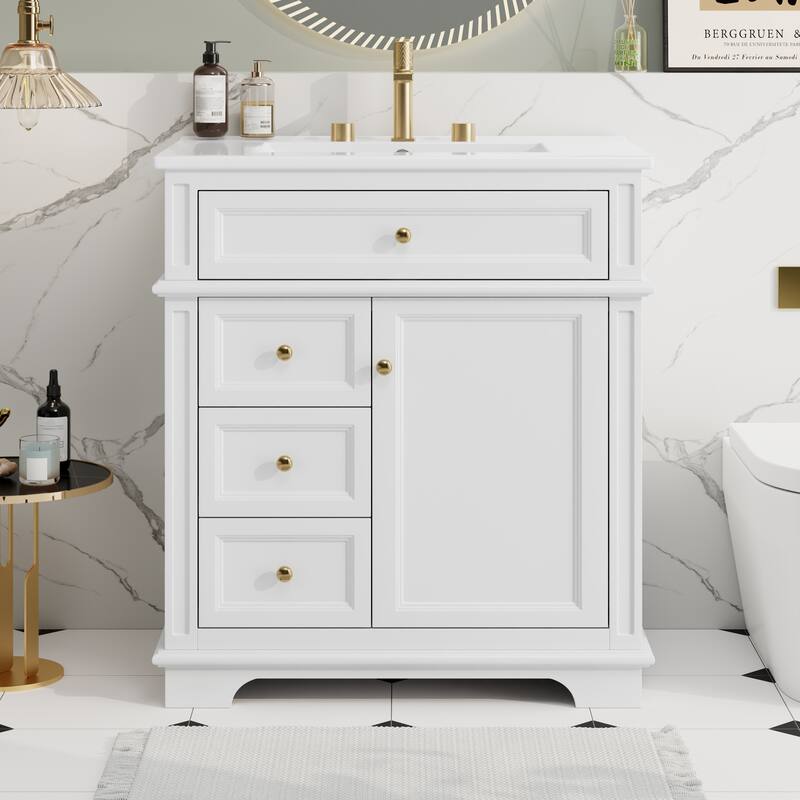 30" Bathroom Vanity With Sink, One Tip-Out Drawer, Three Drawers, Door Shelf, Soft Closing Door