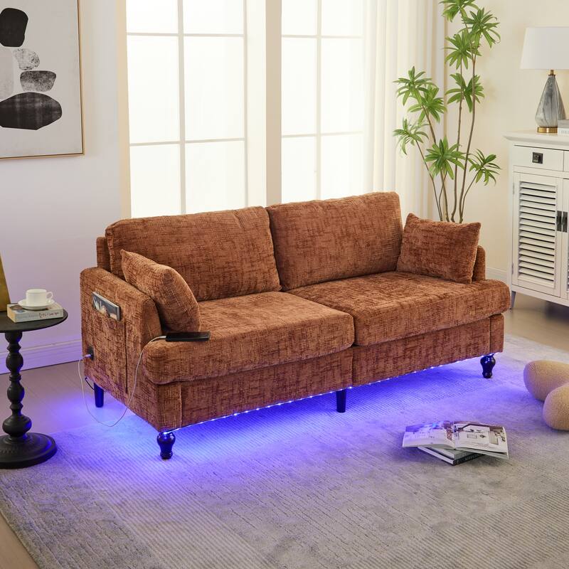Modern Style Chenille 2-Seater Wood-Legged Sofa With Led Light, Usb Charging Port And Storage Bag Living Room Bedroom Study Room