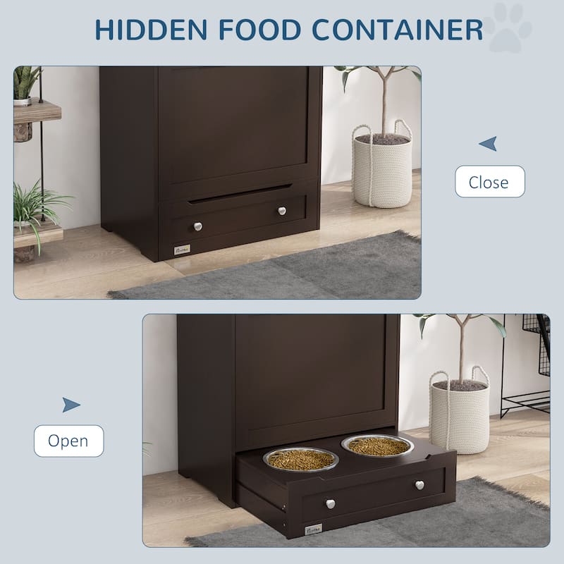 Pet Feeder Station Storage Cabinet, Dog Food Container with Dog Raised Bowls and Hanger for Feeding & Watering Supplies