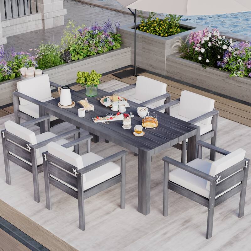 7-Piece Outdoor Patio Dining Set Wood Rectangular Dining Table and 6 Arm Chairs with Parasol Hole and Removable Cushions - Beige Gray