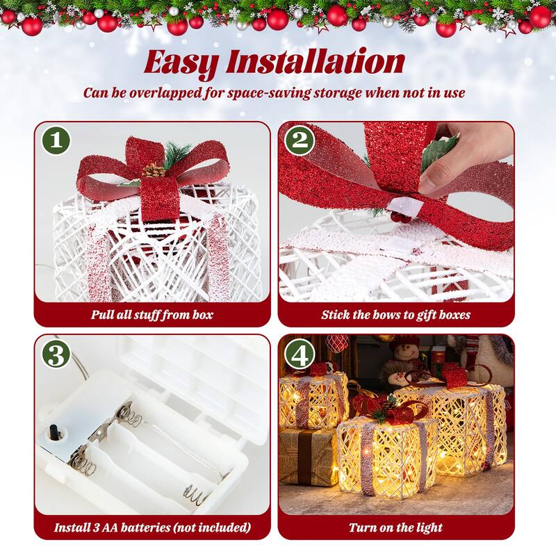 Gymax Set of 3 Christmas Present Boxes Festival Lighted Decor Boxes w/