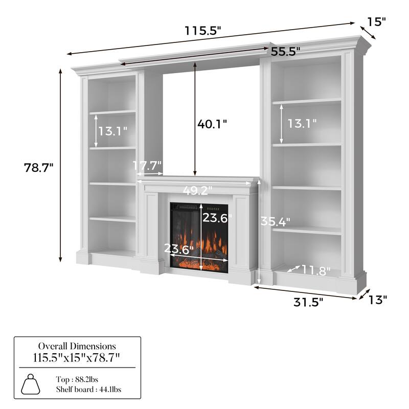 Electric Fireplace Mantel with Bookshelves, 115.5" Entertainment Center with Built-in Shelving
