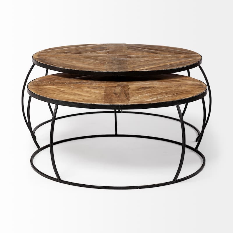 Clapp II Medium Brown Solid Wood Top w/ Black Iron Base Nesting Coffee Tables