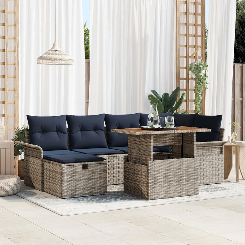 vidaXL 7 Garden Sofa Set with Cushions Black/Grey Poly Rattan - 95.5 x 52.2 x 27.2 - Grey