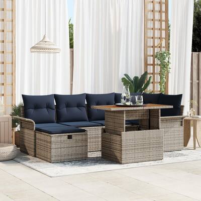 vidaXL 7 Garden Sofa Set with Cushions Black/Grey Poly Rattan - 95.5 x 52.2 x 27.2