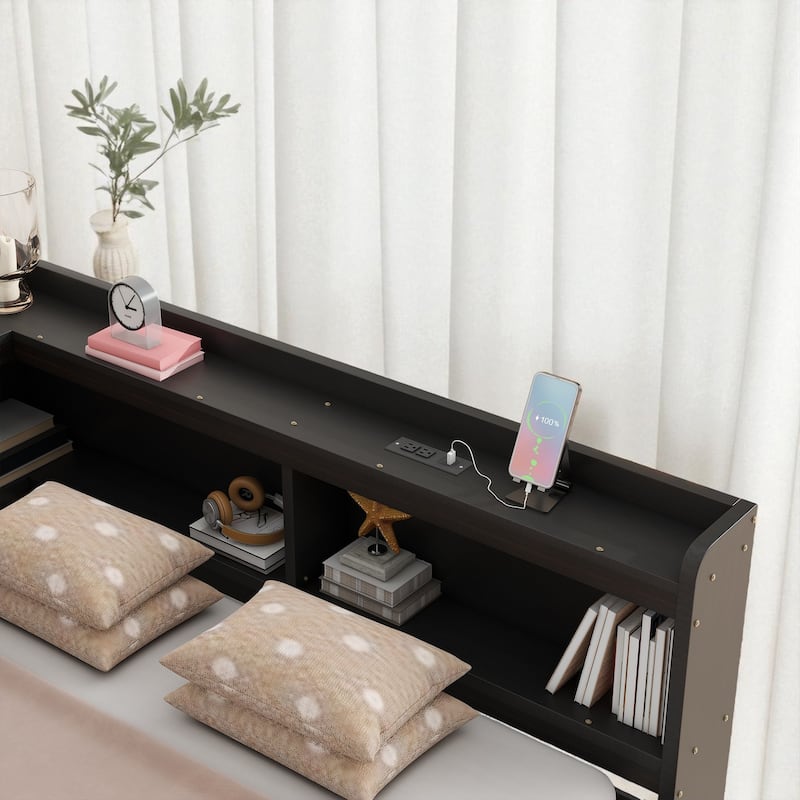 Full Size Bed with L-Shaped Bookcases, Power Outlets, USB Ports and 2 Storage Drawers