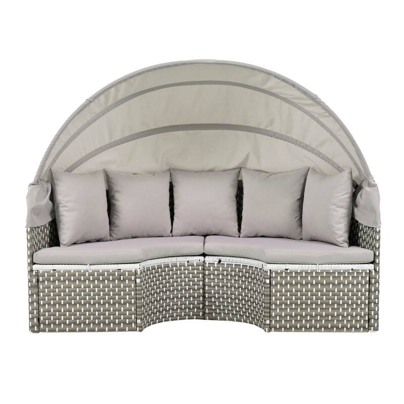 Round Outdoor Daybed Two-Tone Weave Sunbed with Retractable Canopy