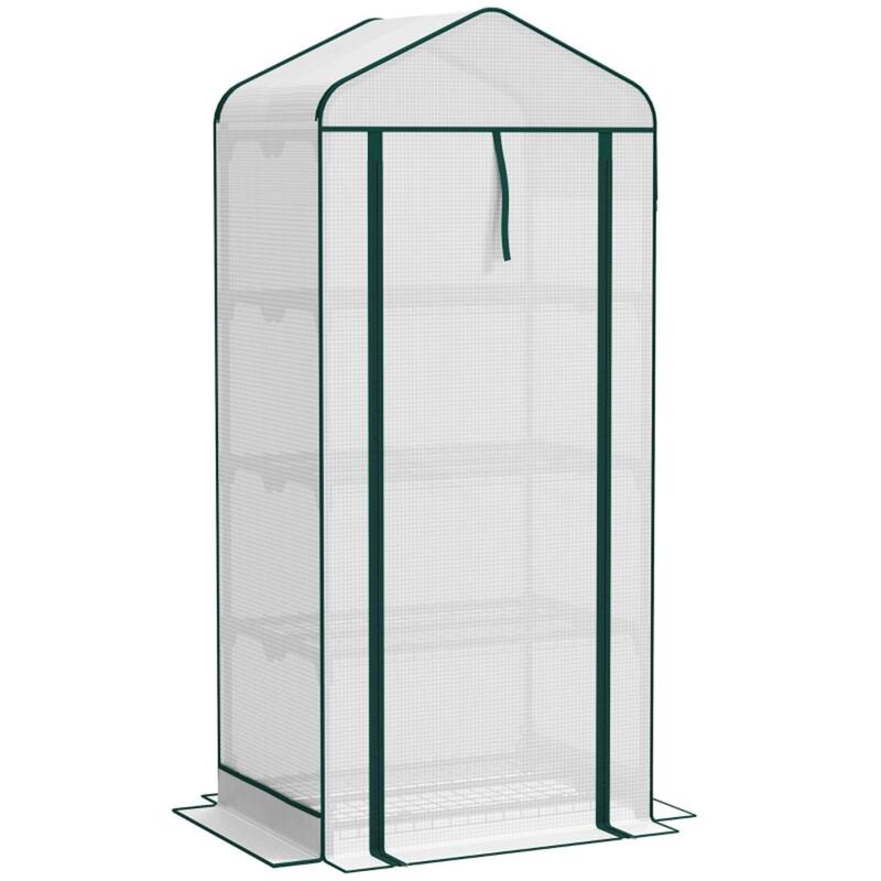 White Steel PE Cover 4-Tier Mini Greenhouse with Roll-Up Zipper Door - White