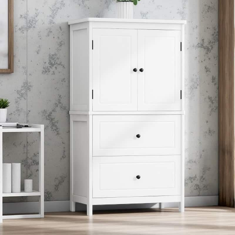 Freestanding Bathroom Storage Cabinet with Adjustable Shelf, 2-Door and 2-Drawer Organizer Unit, Waterproof MDF Linen Tower