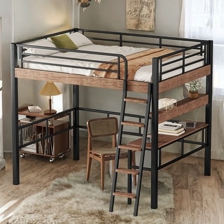 Artsy & Multi-functional Design Metal Full Size Loft Bed with Built-in Desk, Storage Shelf and Ladder, Safety for Kids, Black