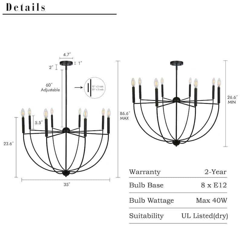 Modern 8-Light Matte Black Chandelier with Bowl-Shape for Dining Room - 35 " × 23.6 "