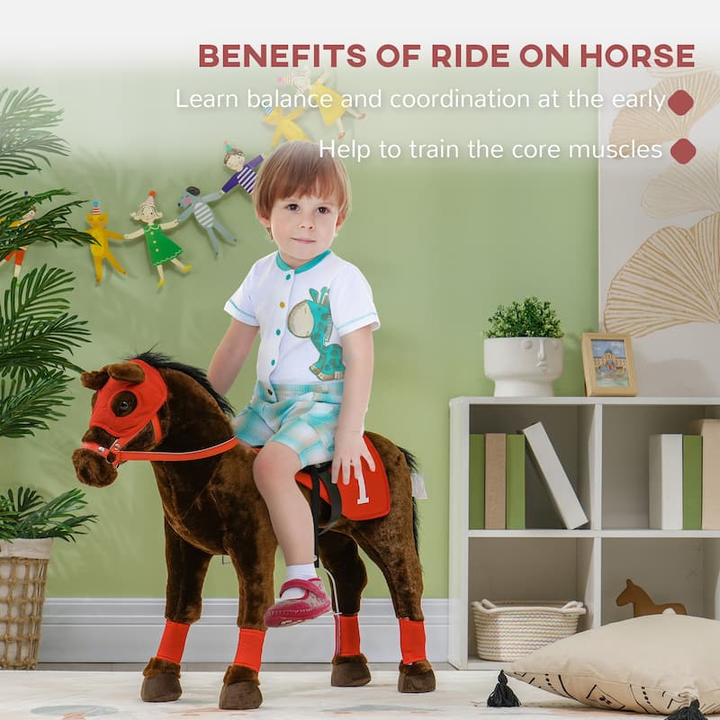 Qaba Ride on Horse for Kids 3-8 Years Old, Toddlers Riding Horse with Neighing Sound, Ride on Animal Pony Toy, Brown
