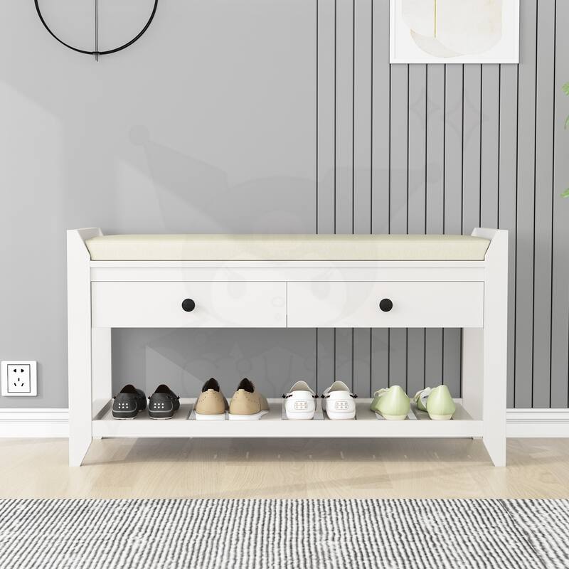 Shoe Rack with Cushioned Seat and Drawers - White