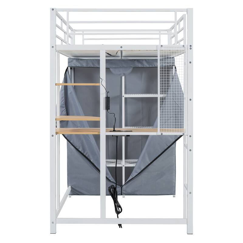 Full Size Metal Loft Bed with Workstation Desk, Built-In Shelves, LED Light Strip, Power Outlet & Hanging Wardrobe Storage