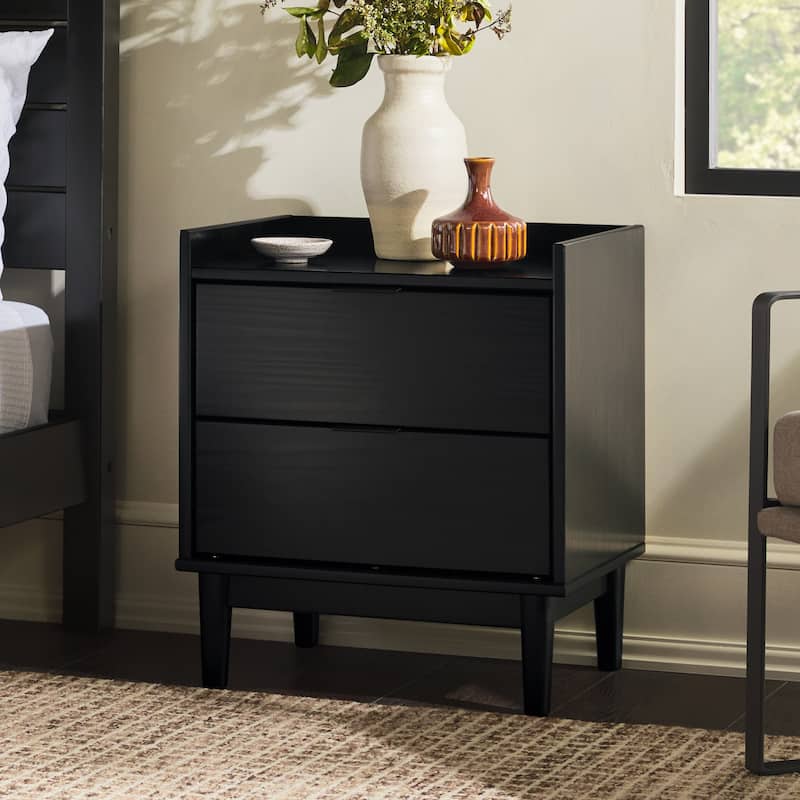 Mid-Century Modern 2-Drawer Solid Wood Nightstand - Black - Black