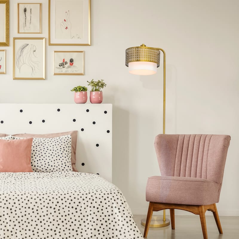 Eliza River of Goods Gold Metal and Fabric Two-Piece Shade 65.25-Inch Floor Lamp - 15.5" x 12" x 65.25"