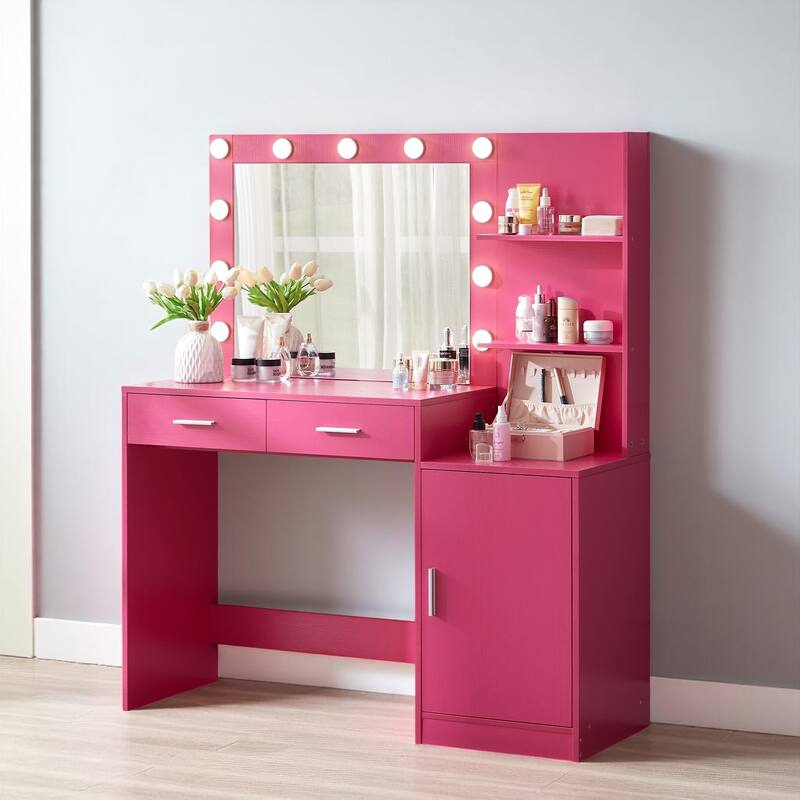 Makeup Vanity with Mirror and Lights, 46.4" Dressing Table with Storage Drawers, Shelves & 3 Light Modes