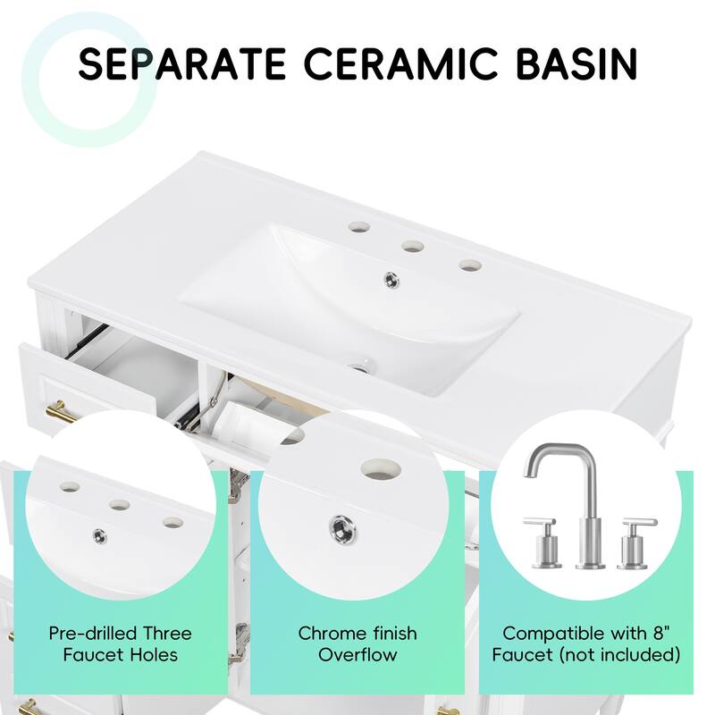 36" Freestanding Bathroom Vanity with Sink, Solid Pinewood & MDF Cabinet, 4 Drawers, 2 Doors, Gold Metal Handles