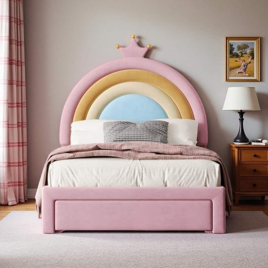 Full Size Velvet Platform Bed with Colorful Rainbow Headboard and 2 Storage Drawers, Upholstered Princess-Style Frame