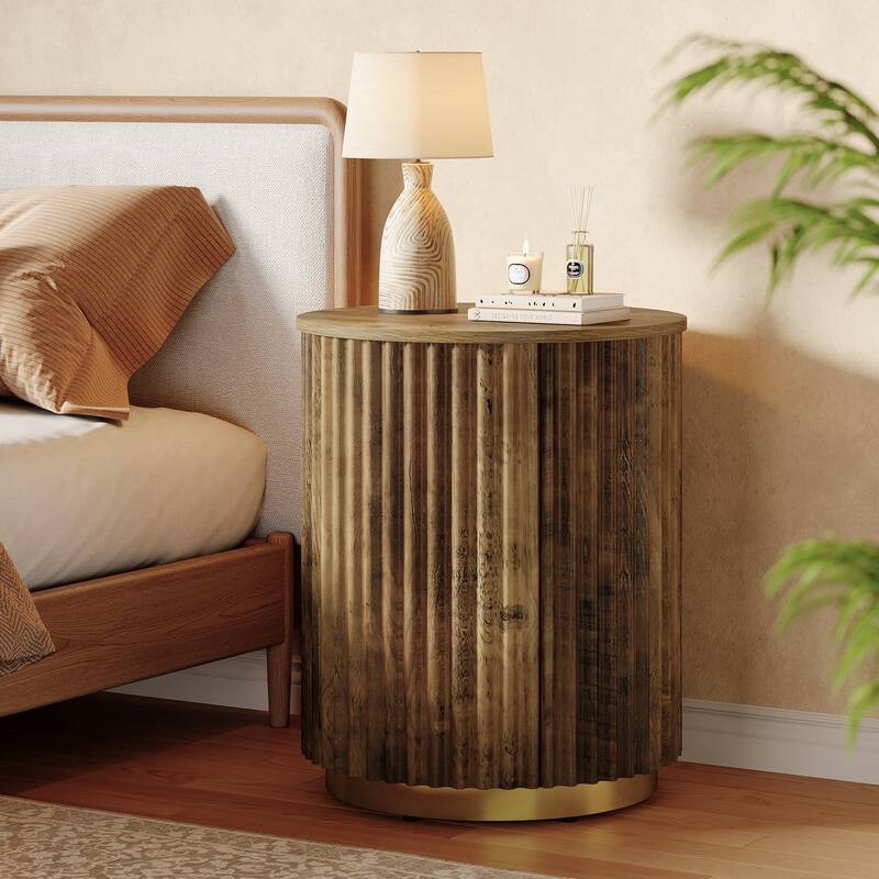 Small Fluted Round Side Table, Wooden Bedside Table for Sofa