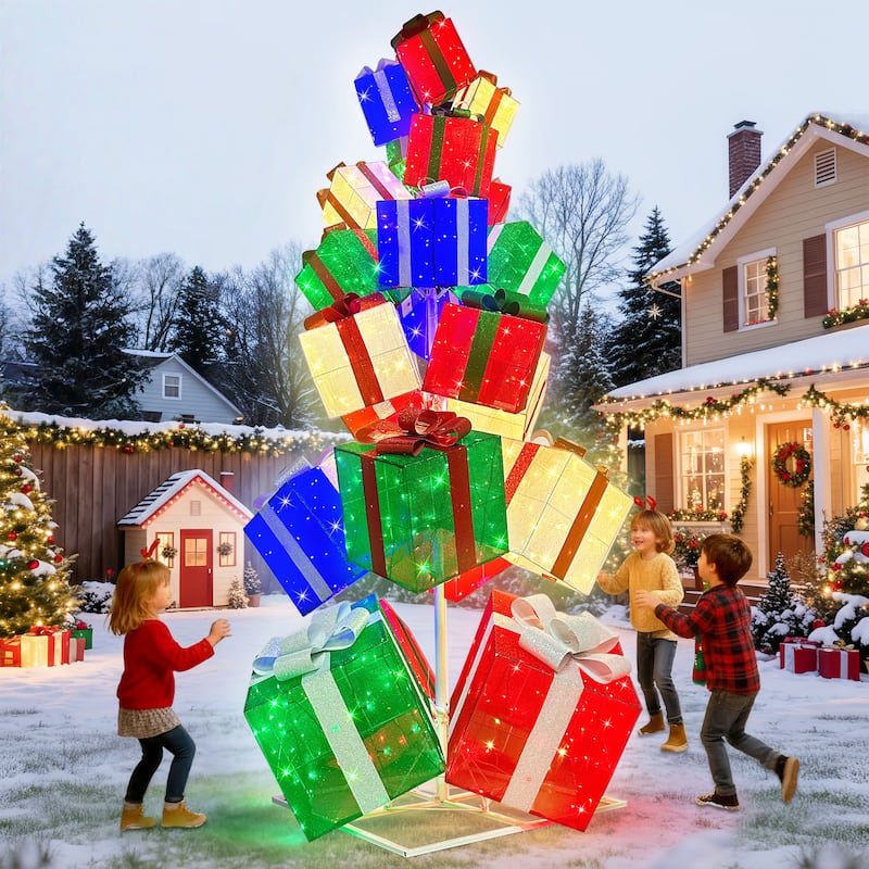 Puleo International 10.8' Pre-Lit Christmas Giftbox Tree Christmas Holiday Decor with 1000 Dual-Colored LED Lights - Multi-Color - Multi-Color