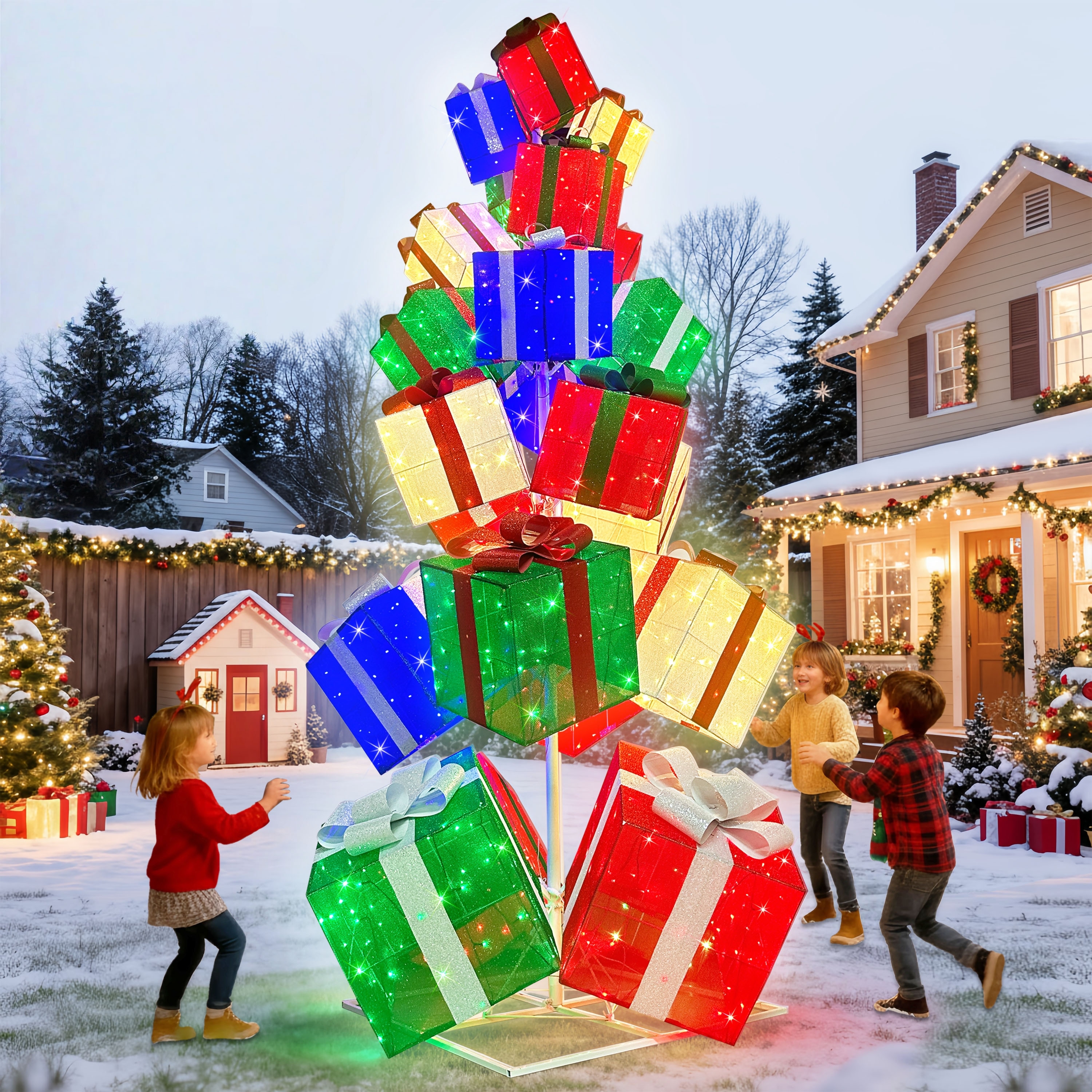 Puleo International 10.8' Pre-Lit Christmas Giftbox Tree Christmas Holiday Decor with 1000 Dual-Colored LED Lights - Multi-Color