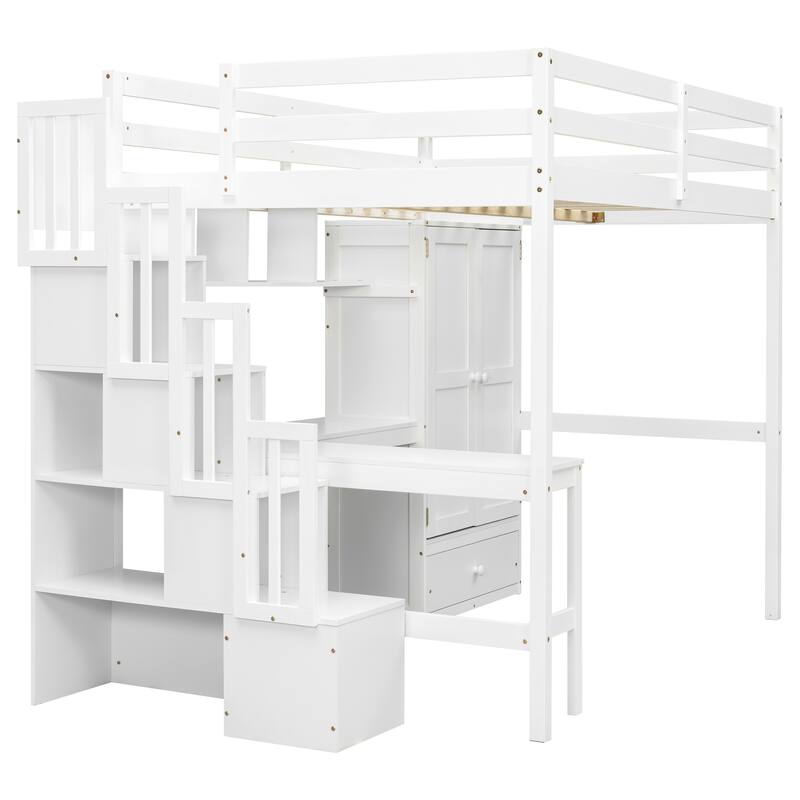 Full Size Loft Wood Bed with Desk, Book shelves and Wardrobe with Doors and Drawer, Built-in Staircase with Storage Shelves