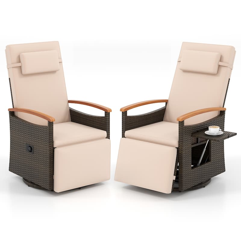 Gymax 2PCS Outdoor Swivel Rattan Recliner Chair Patio Wicker Chaise - Beige
