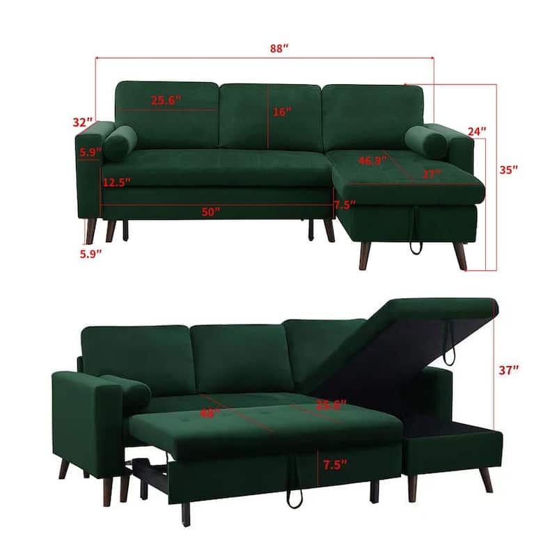 88 "W L-Shaped Reversible Multifunctional Sofa Bed with Storage Recliner