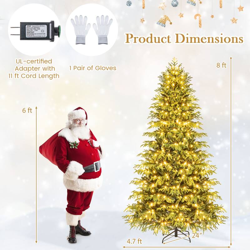 Gymax 8 FT Pre-Lit Artificial Christmas Tree Hinged Full Xmas Tree w/