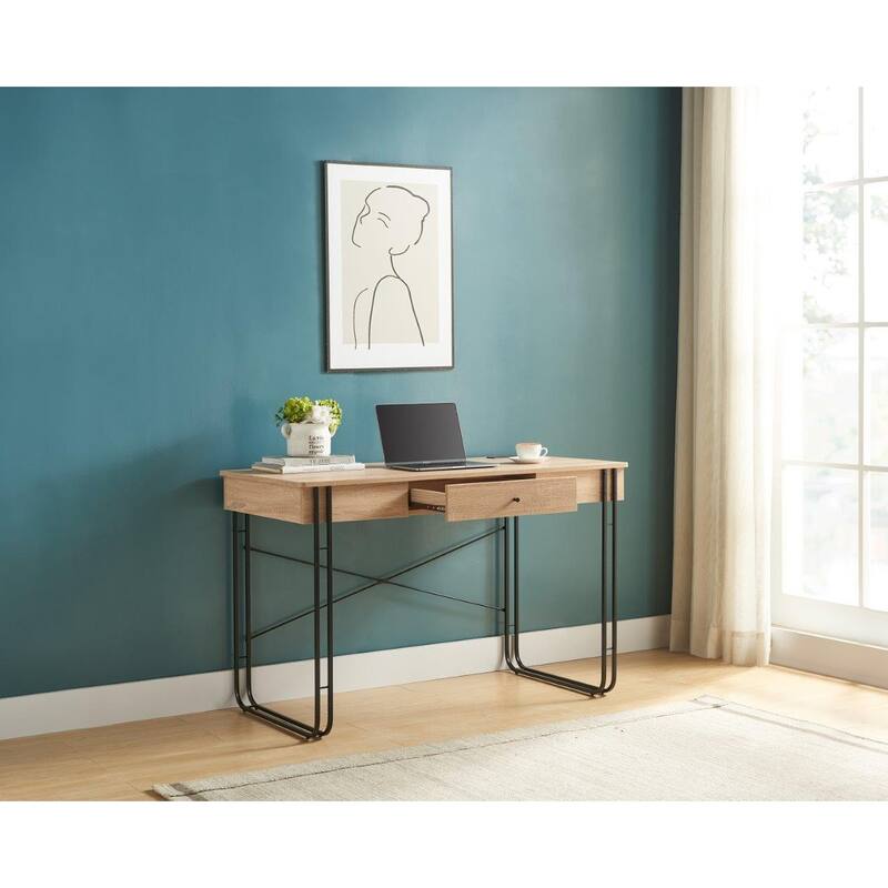 Computer Desk Writing Desk with One Drawer Metal Legs and USB Outlet Port - Light Brown & Black - Oak