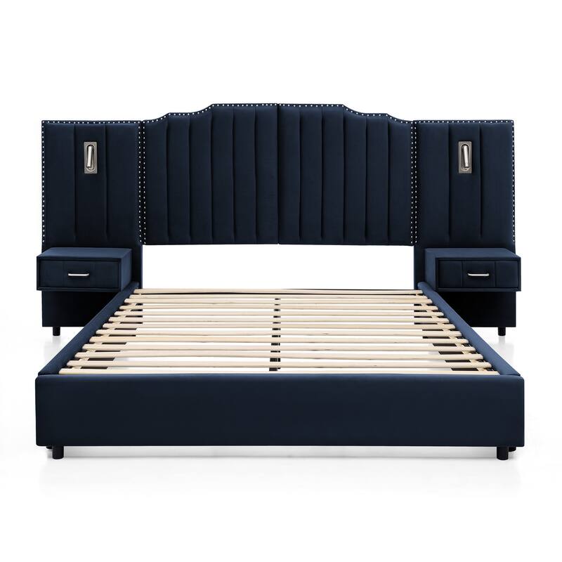 King/Queen Velvet Bed Frame with Vertical Stitch Headboard & Side Table