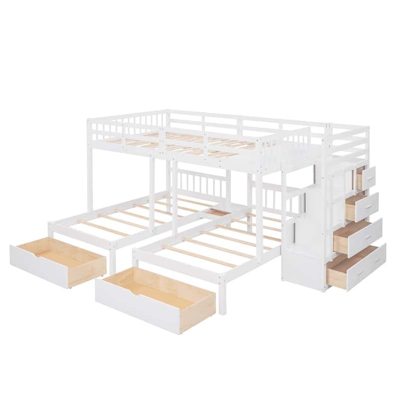Roomfitters Full Over Twin & Twin Wood Triple Bunk Bed with Drawers and Guardrails