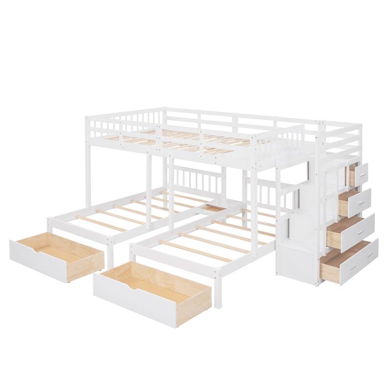 Roomfitters Full Over Twin and Twin Triple Bunk Bed with Storage Drawers, Staircase, White
