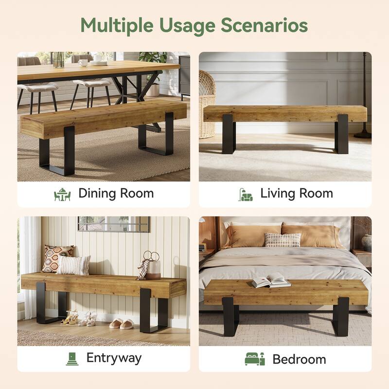 63" Solid Wood Entryway Bench with Metal Legs, Farmhouse