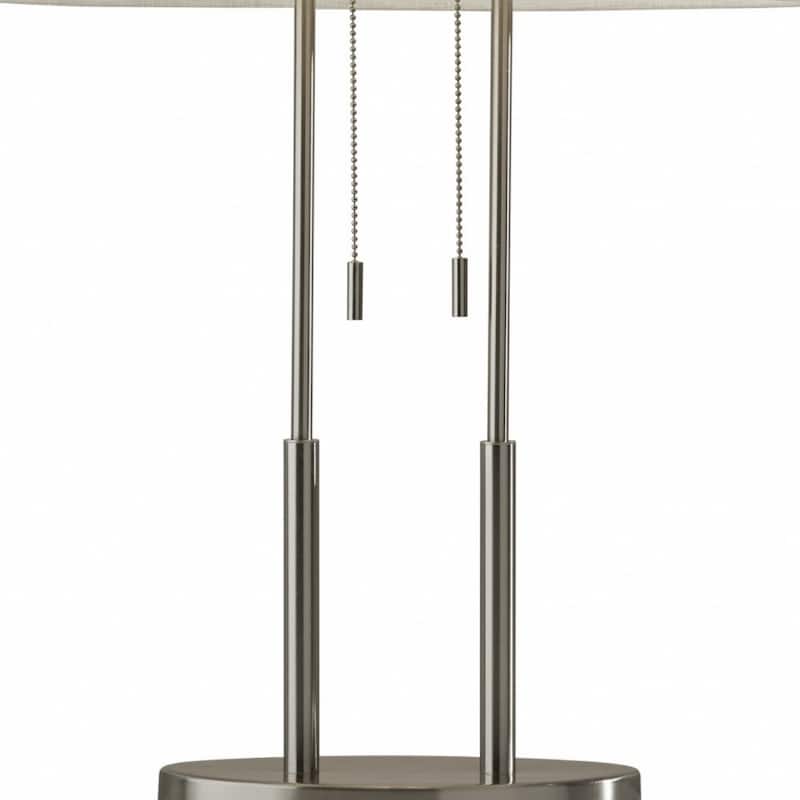 Silver Metal Base Bedside Table Lamp with Grey Linen Drum Shade Pull Chain - 6.5” x 17” x 27” (D x W x H)