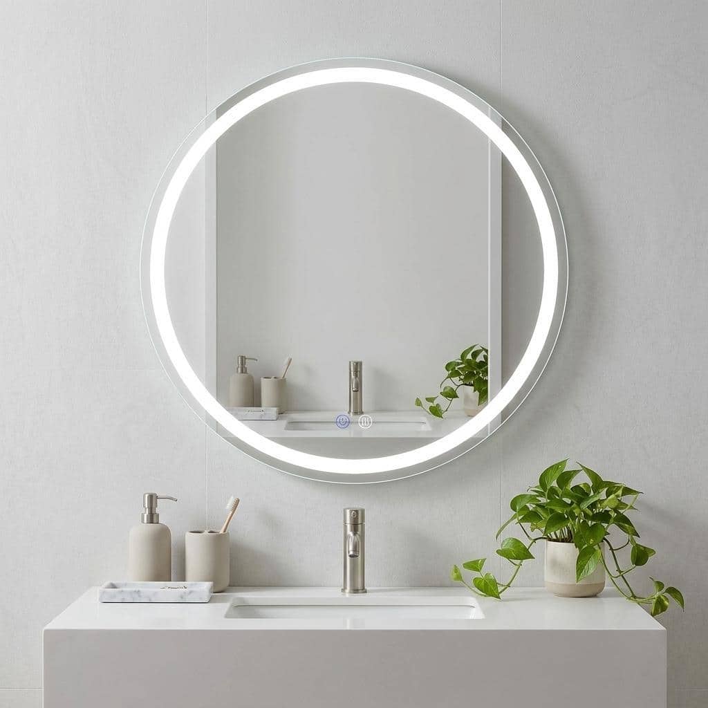 HomeRoots 24" Round Lighted Frameless Anti Fog Bathroom Vanity Mirror - 23.62 in. x 23.62 in. x 1.57 in.
