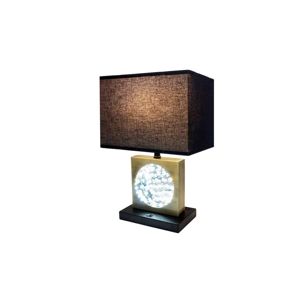 22"H GOLD SQUARE W/ BLACK SHADE CRYSTAL CENTERPIECE WITH NIGHT LIGHT, USB Port + Power Outlet