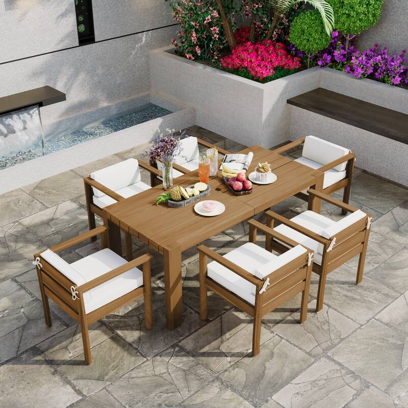 7-Piece Acacia Wood Patio Dining Set with Umbrella Hole & Low Back Cushioned Chairs