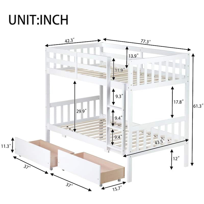 Rubber Wood Bunk Bed Frame with 2 Drawers,Convertible into 2 Beds