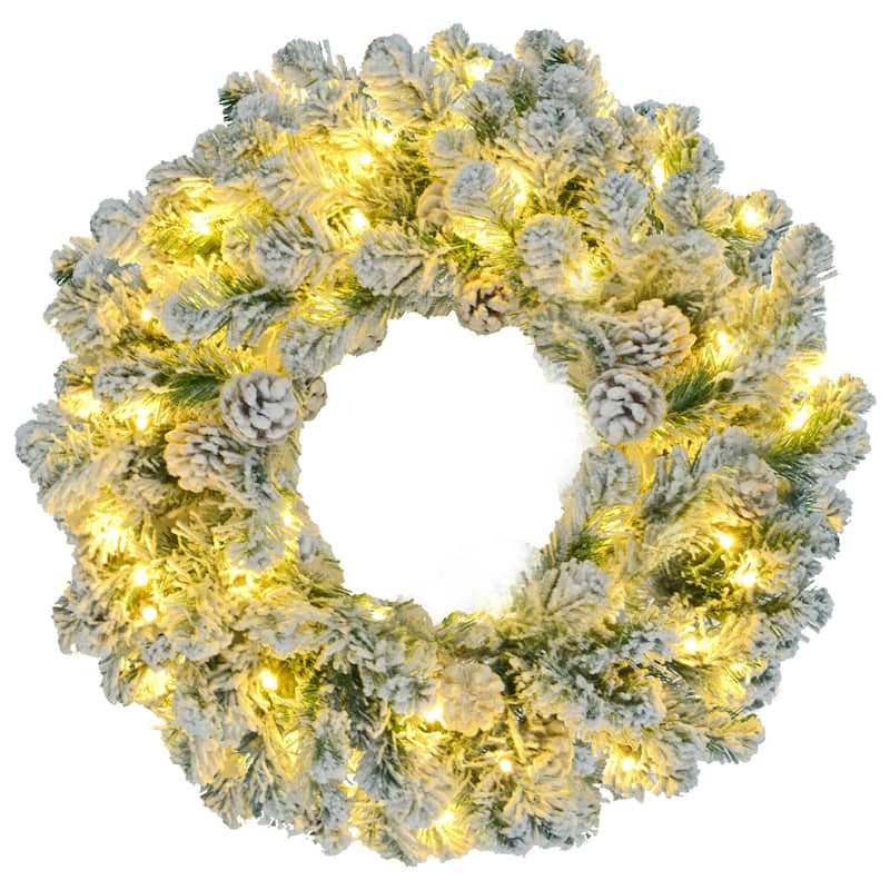 Pre-Lit Snow Flocked Tree Set - Tree + Garland + Wreath, Colorful LED Lights, Pine Cones - White+Green