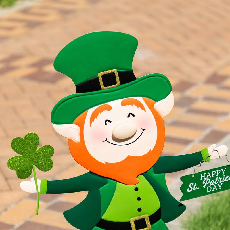 Glitzhome 36"H St. Patrick's Metal Leprechaun Decor(Three Function)