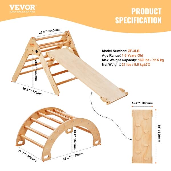 dimension image slide 1 of 4, VEVOR Pikler Triangle Set Toddler Climbing Toys Indoor Playground, Ramp, and Arch, Montessori Climbing Set